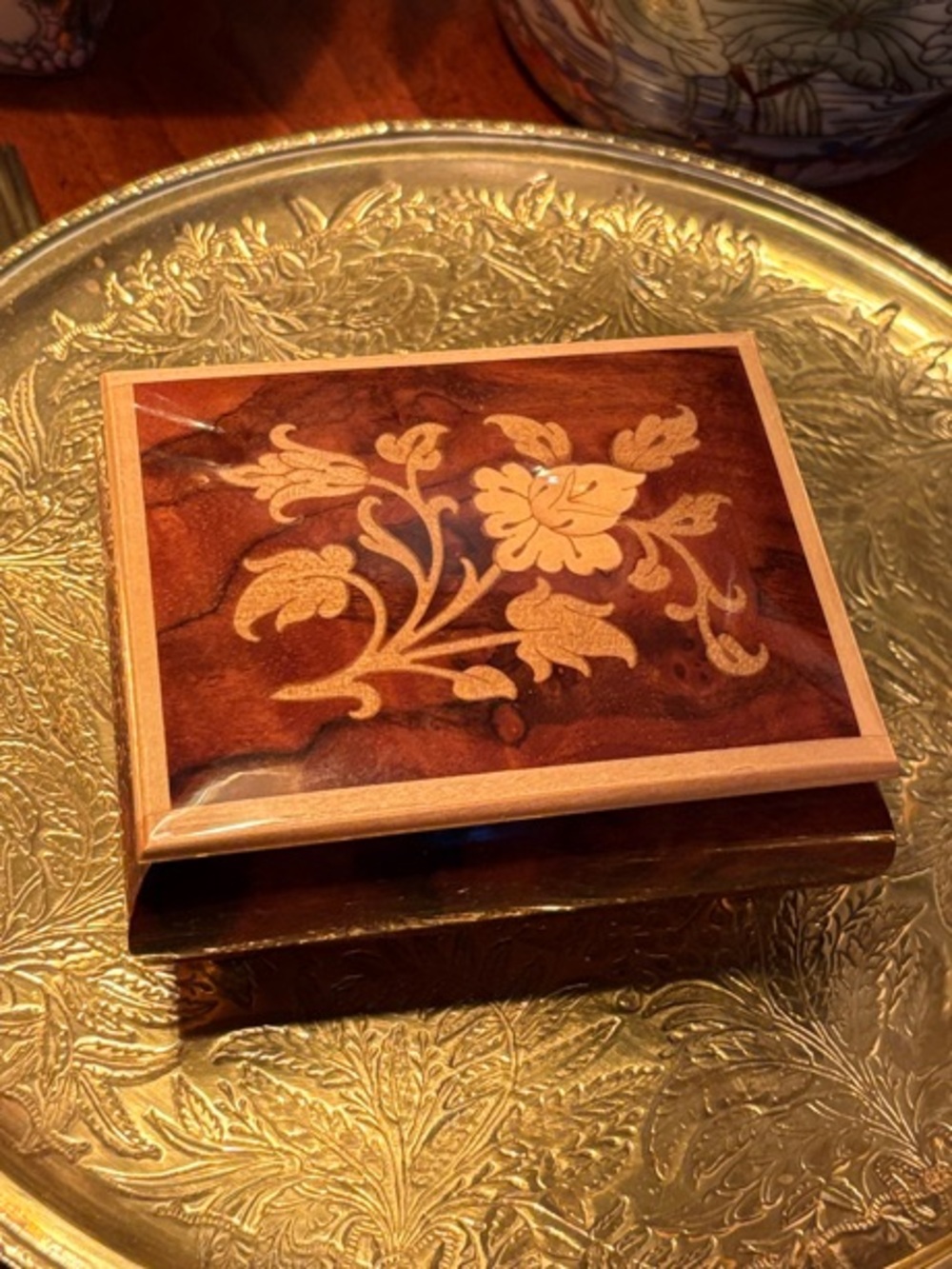 Vintage Wooden Decorative Music Box w Floral Inlay, Made in Italy